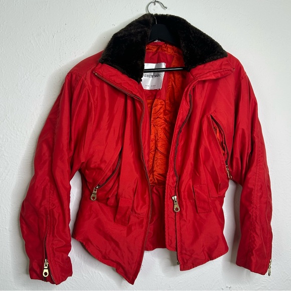 Andrew Marc New York Vintage Snow Ski Jacket Bright Red Brown Fur Collar Gold - Picture 2 of 11
